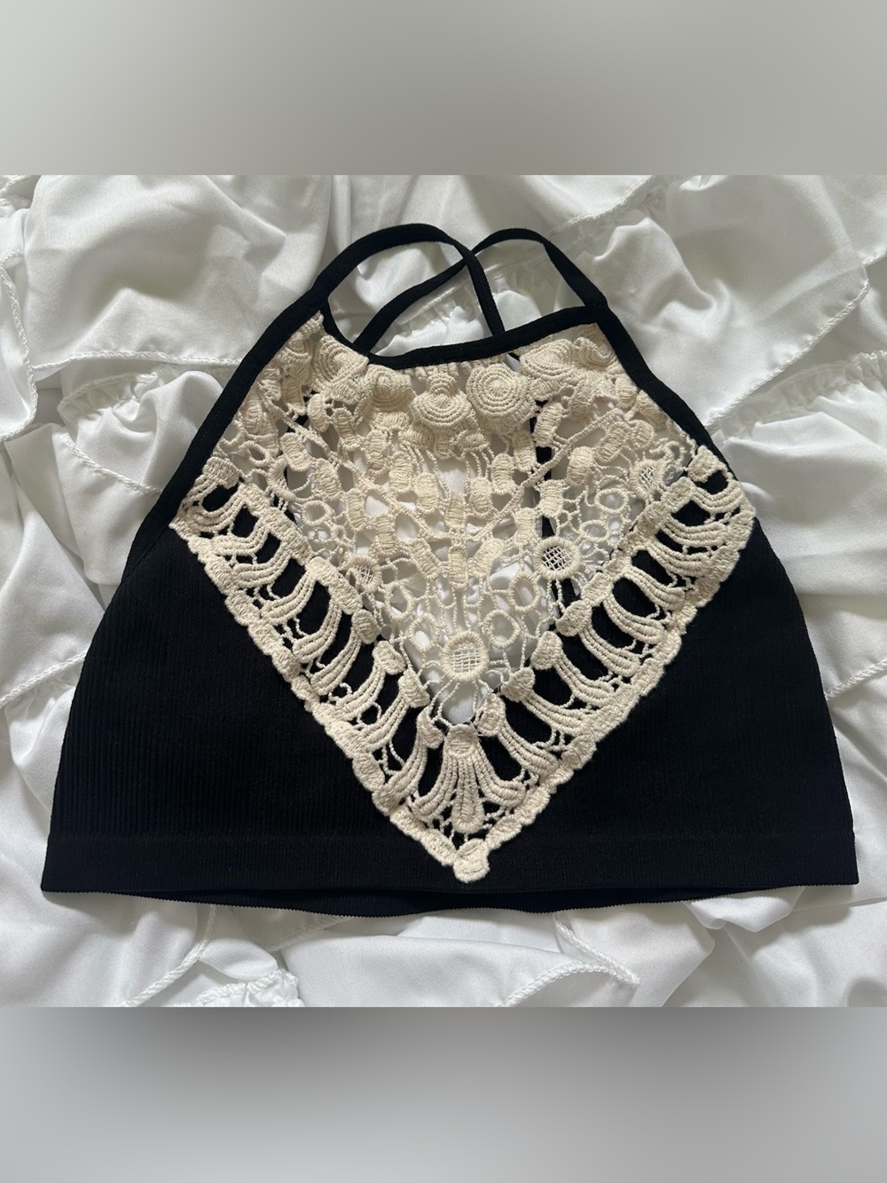 Three Bird Nest White Crochet And Black Bralette Women’s Size XS-S